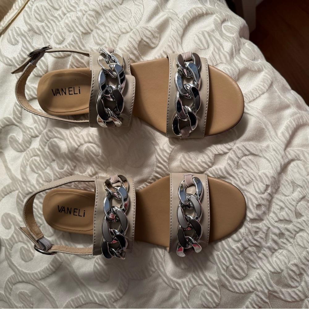 Vaneli Tan Sandals with Silver Chain Accents